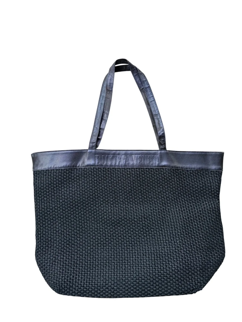 Bottega Venata Authentic Large Intrecciato Leather & Wool Raffia Nero Tote Bag